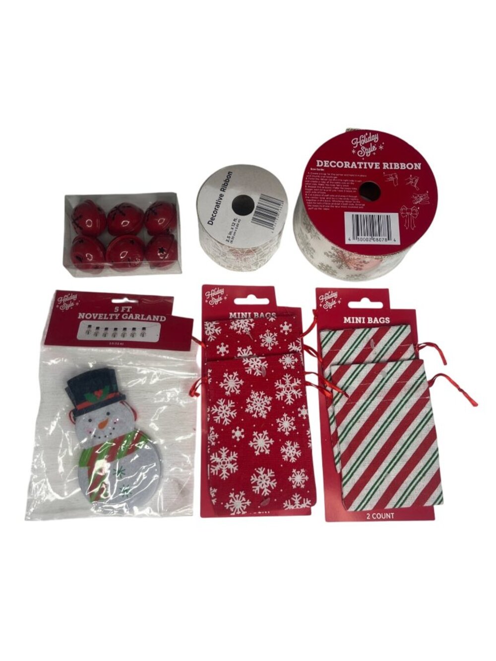 Holiday Style Christmas Decor Set Snowman Garland Mini Bags Jingle Bells Ribbon